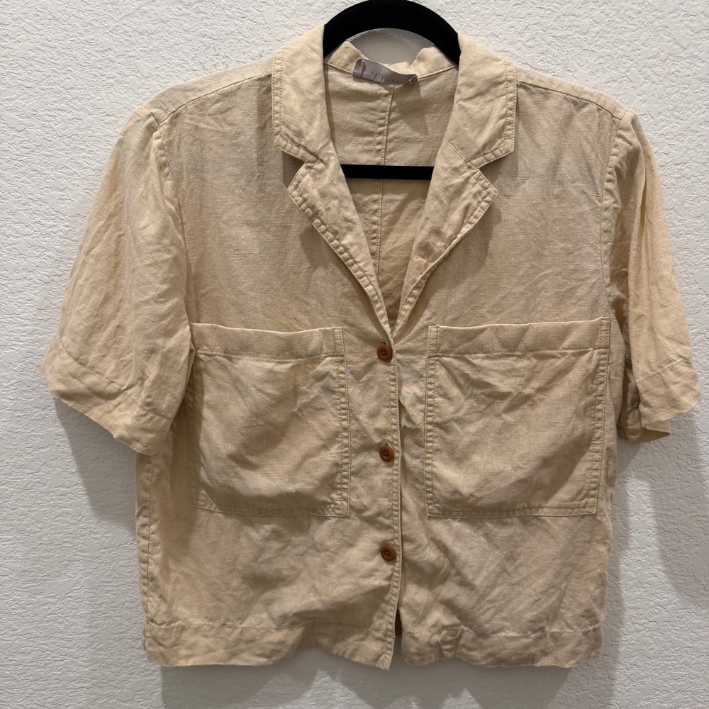 Everlane Women XS Beige Linen Short Sleeve Notch Lapel Button Front Pocket Shirt